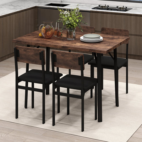 5-Piece Dining Table Set for 4 People Industrial Kitchen Table and 4 PU Leather Chairs-Brown