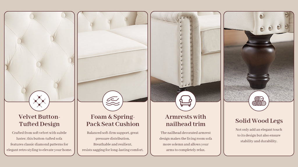 82' Velvet Chesterfield Sofa for Living Room and Apartment, Button Tufting on Backrest and Armrests, Arm Nailhead Trim,Modern Upholstered Couch with Premium Solid Wood Legs, Sofa for Bedroom