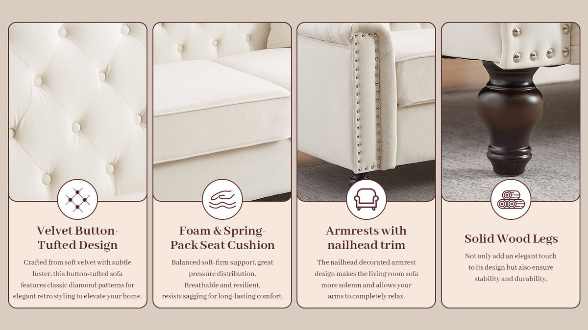 82' Velvet Chesterfield Sofa for Living Room and Apartment, Button Tufting on Backrest and Armrests, Arm Nailhead Trim,Modern Upholstered Couch with Premium Solid Wood Legs, Sofa for Bedroom