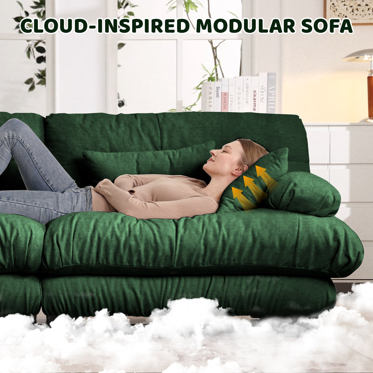 Cloud Couch 2 Seater Sofa, Chenille 2 - Seat sofa with 2 Lumbar pillows and 2 throw pillows, Chenille Green