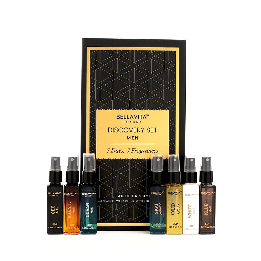 BellaVita Luxury Discovery Set Mens Perfumes (7x8ml) | Mini Perfume Gift Set for Men with Bergamot, OUD & Patchouli Oriented | Compact Long-Lasting Oud Colognes for Men | Cruelty Free Fragrance