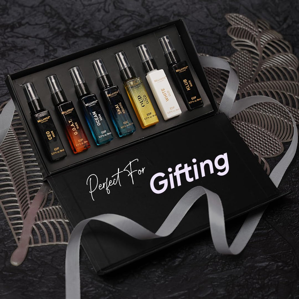 BellaVita Luxury Discovery Set Mens Perfumes (7x8ml) | Mini Perfume Gift Set for Men with Bergamot, OUD & Patchouli Oriented | Compact Long-Lasting Oud Colognes for Men | Cruelty Free Fragrance