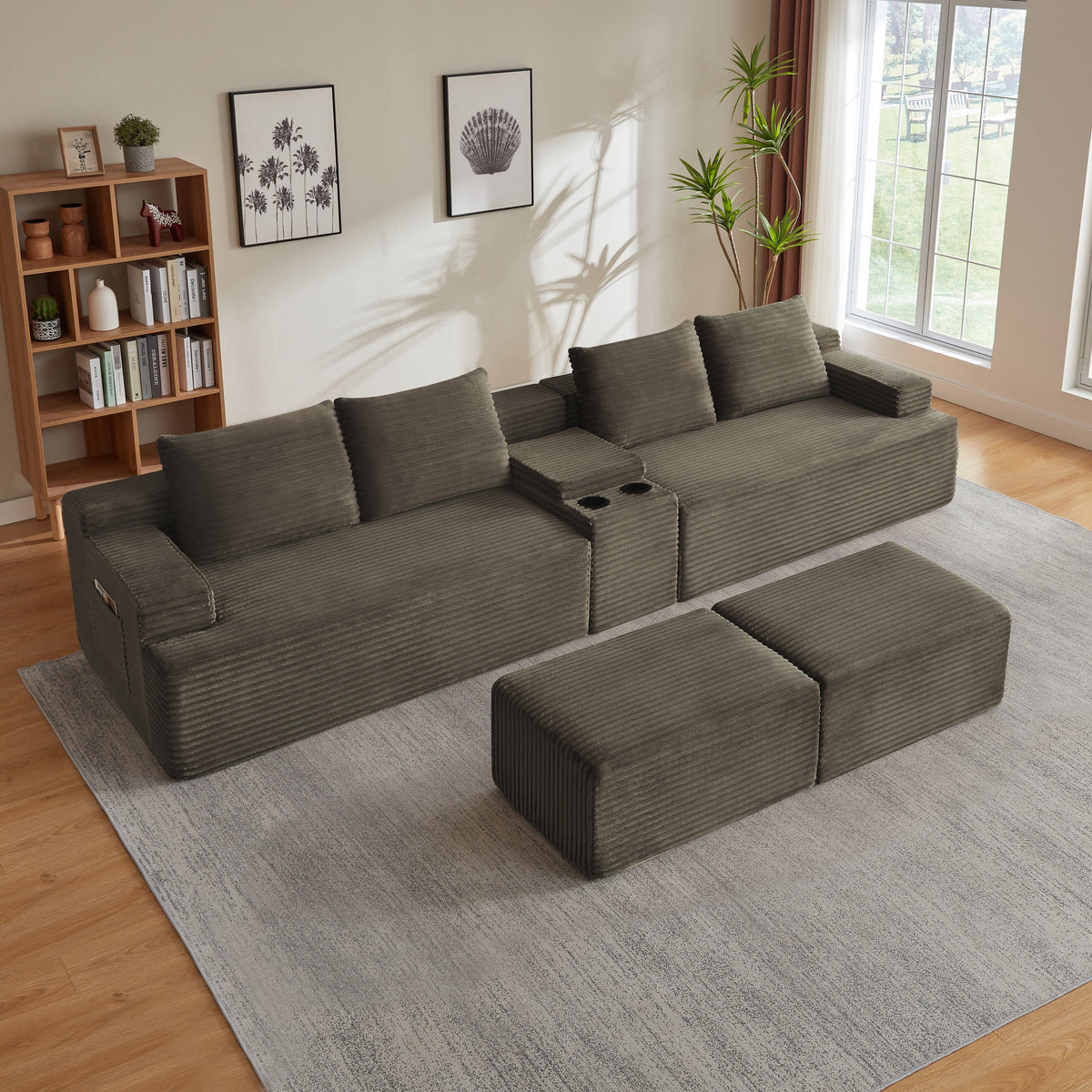 Compressible U-Shaped Sectional Sofa Set,Minimalist Style Modular Sectional Sofa, Corduroy Fabric Cloud Couch for Living Room