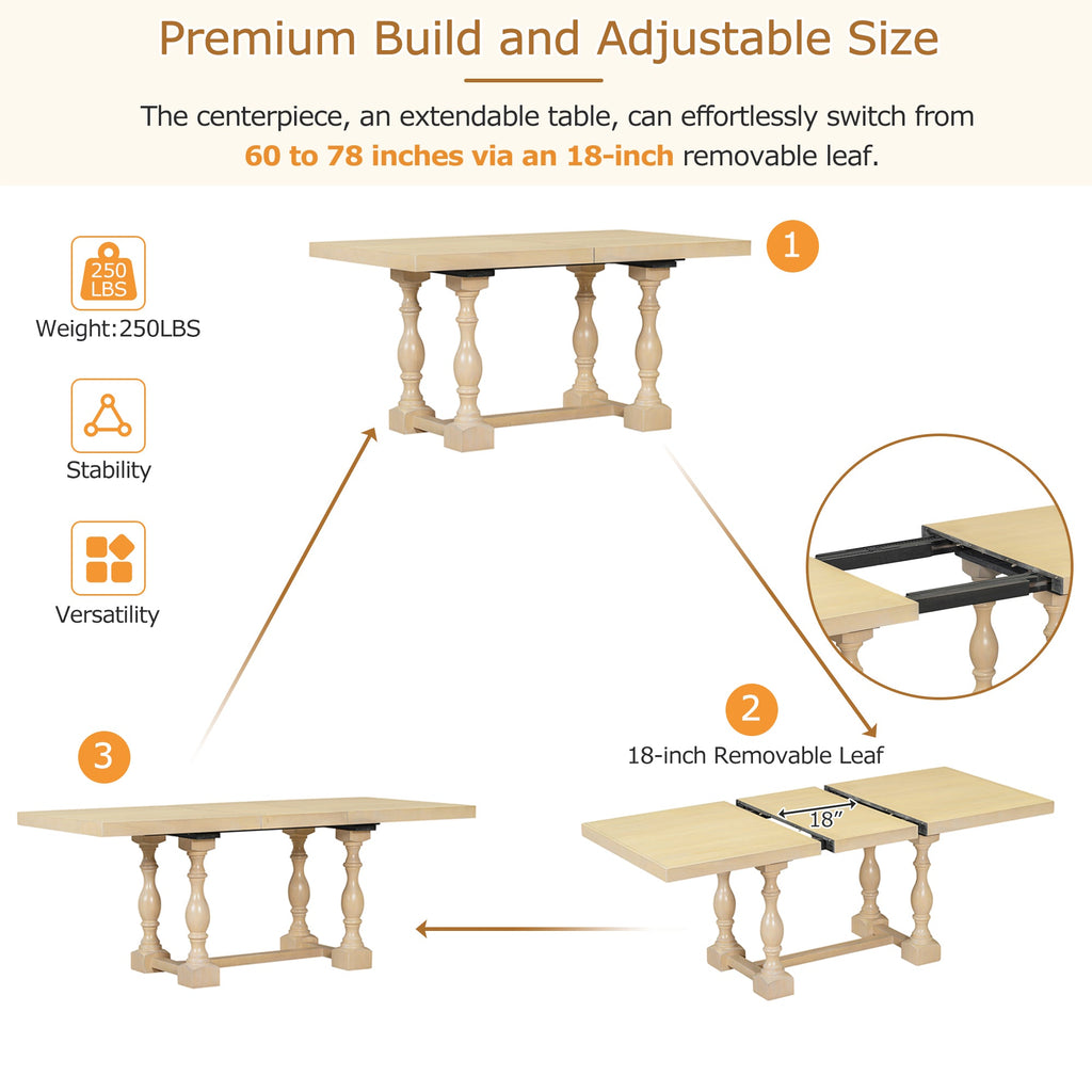 Traditional 6-Piece 78inch Trestle Extendable Dining Table Set with One 18inch Removable Leaf Padded Dining Chairs Bench,Natural