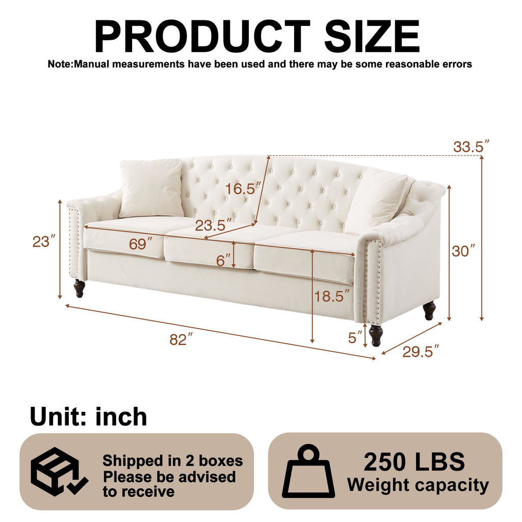 82' Velvet Chesterfield Sofa for Living Room and Apartment, Button Tufting on Backrest and Armrests, Arm Nailhead Trim,Modern Upholstered Couch with Premium Solid Wood Legs, Sofa for Bedroom