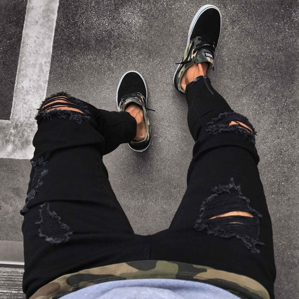 Cross-border Jeans Men's Wish New Black Ripped Stretch Zipper Men's Skinny Pants European And American Fashion