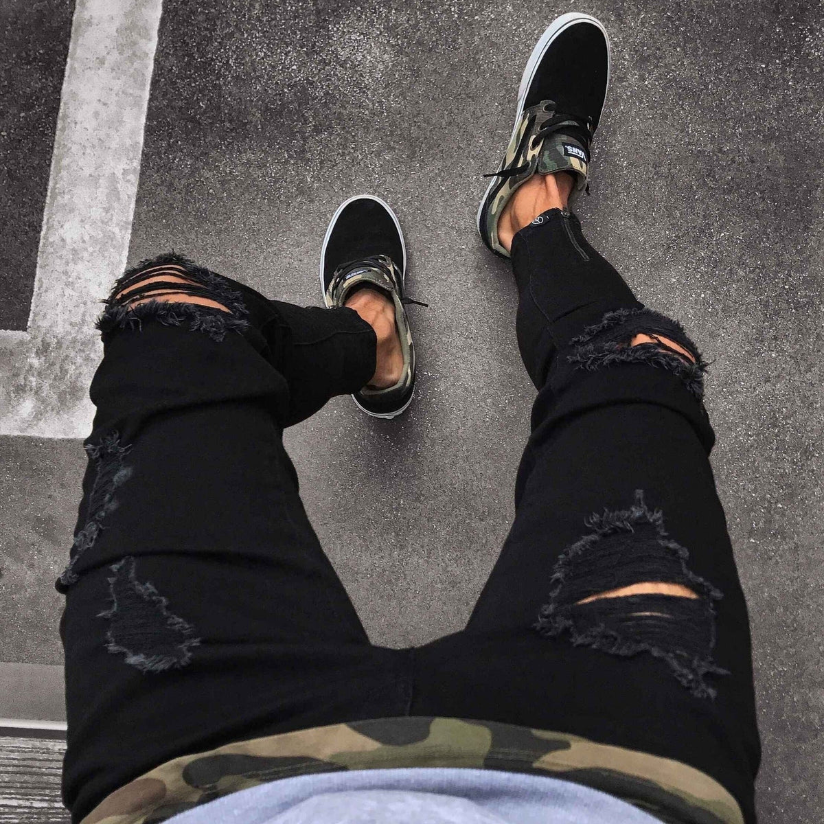 Cross-border Jeans Men's Wish New Black Ripped Stretch Zipper Men's Skinny Pants European And American Fashion