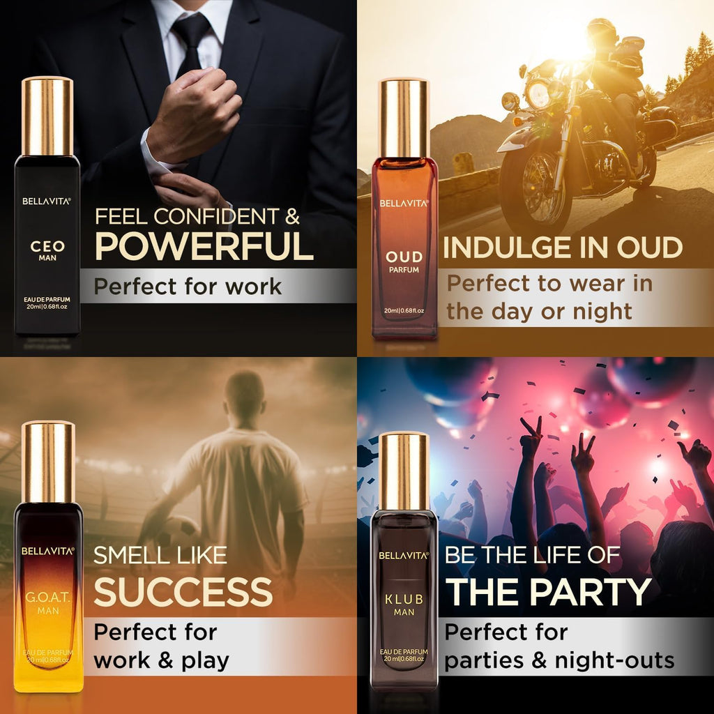 Bella Vita Luxury Long Lasting Perfume Gift Set for Man | 4x20ml | Gifts for Men | Woody, Citrusy, Oud, Premium Fragrance Scent | KLUB, OUD, CEO, G.O.A.T
