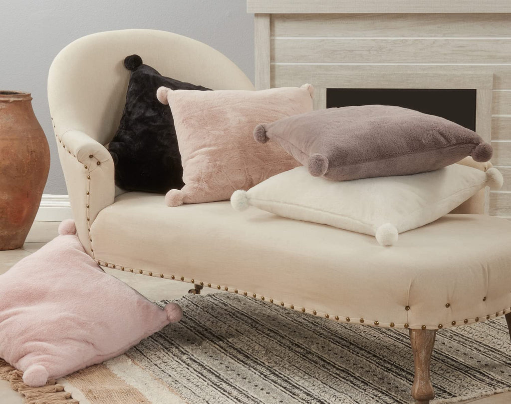 Fennco Styles Plush Faux Rabbit Fur Pom Pom Decorative Filled Throw Pillow 18" W x 18" L – Grey Cushion for Couch, Bedroom, Living Room and Office Décor