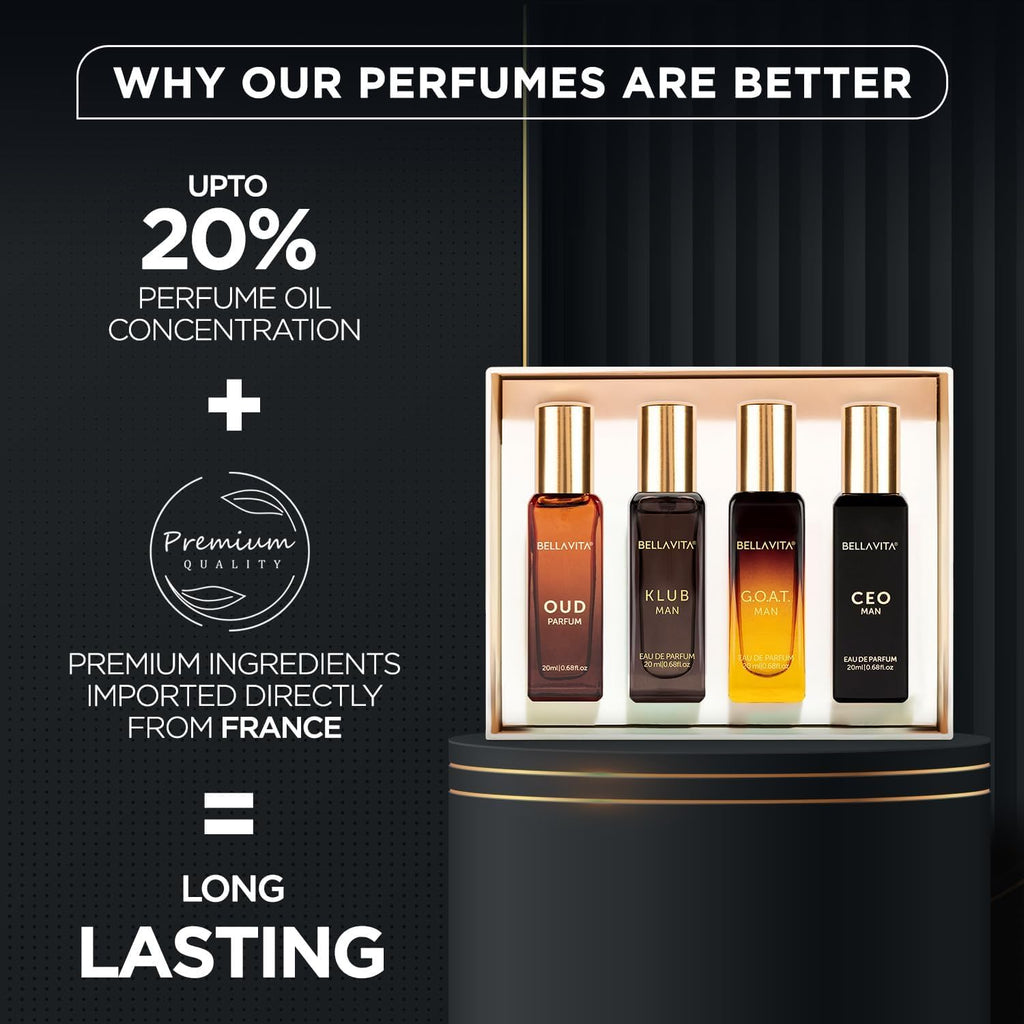 Bella Vita Luxury Long Lasting Perfume Gift Set for Man | 4x20ml | Gifts for Men | Woody, Citrusy, Oud, Premium Fragrance Scent | KLUB, OUD, CEO, G.O.A.T