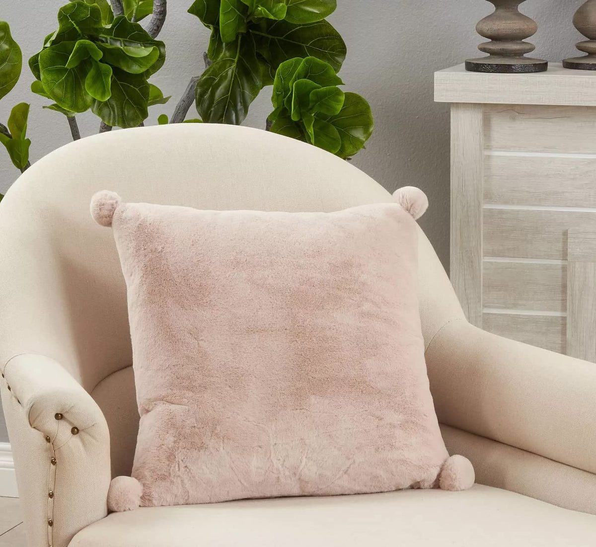 Fennco Styles Plush Faux Rabbit Fur Pom Pom Decorative Filled Throw Pillow 18" W x 18" L – Grey Cushion for Couch, Bedroom, Living Room and Office Décor