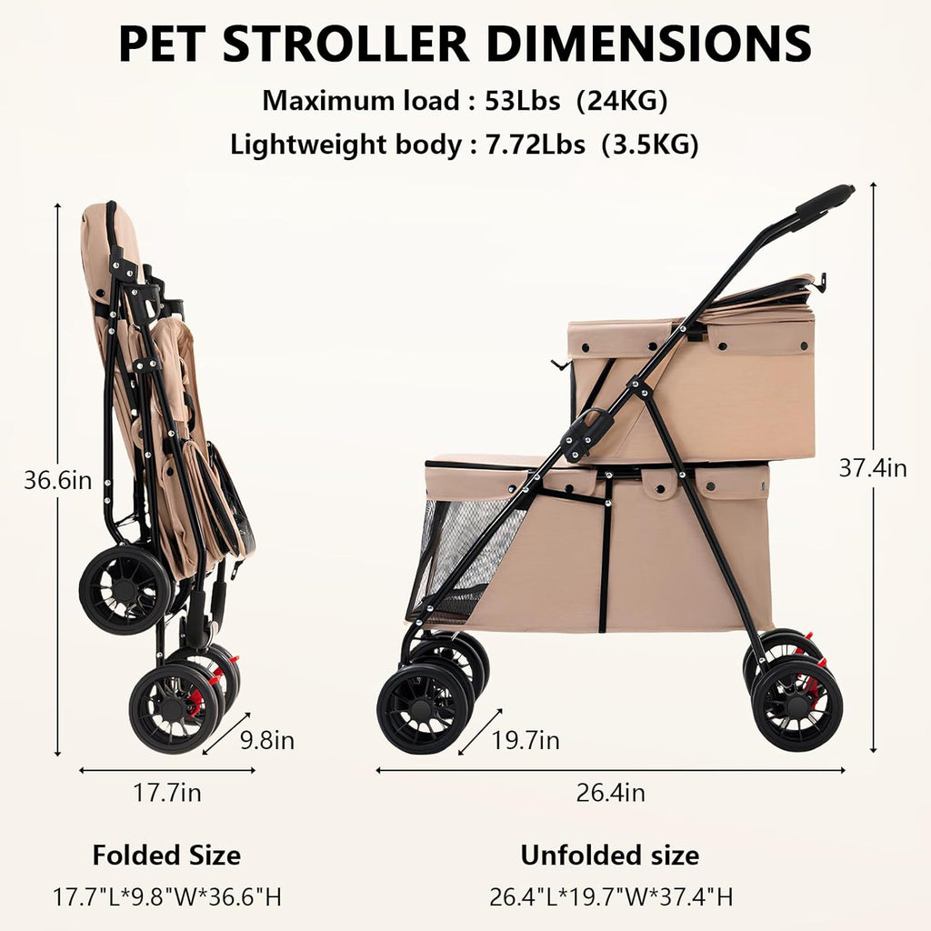 Beige Double-Compartment Pet Stroller