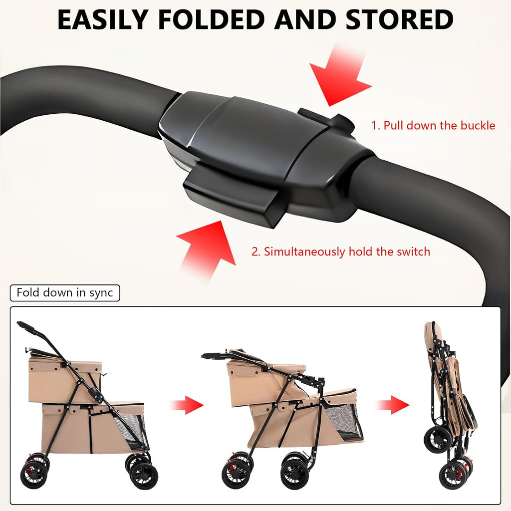 Beige Double-Compartment Pet Stroller