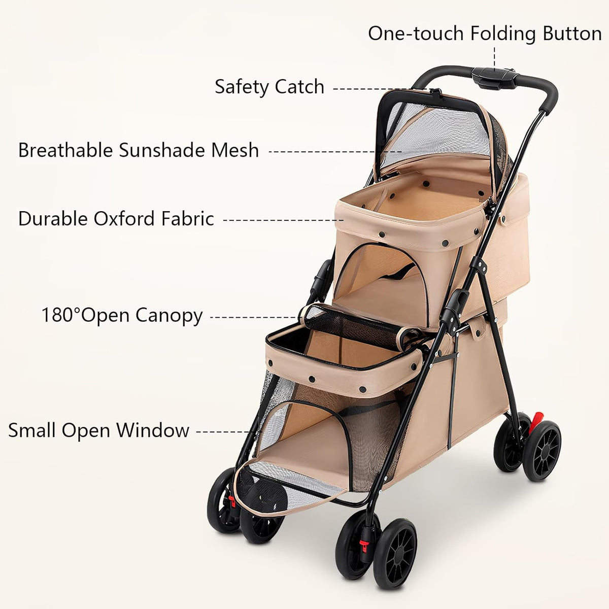 Beige Double-Compartment Pet Stroller