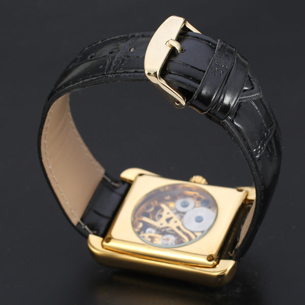 Hollowed-out Gear Square-dial Gold Mechanical Leather-strap Watch