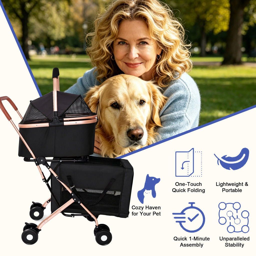 Double Pet Stroller for Small and Medium Dogs and Cats with Foldable Frame - Carbon-Steel