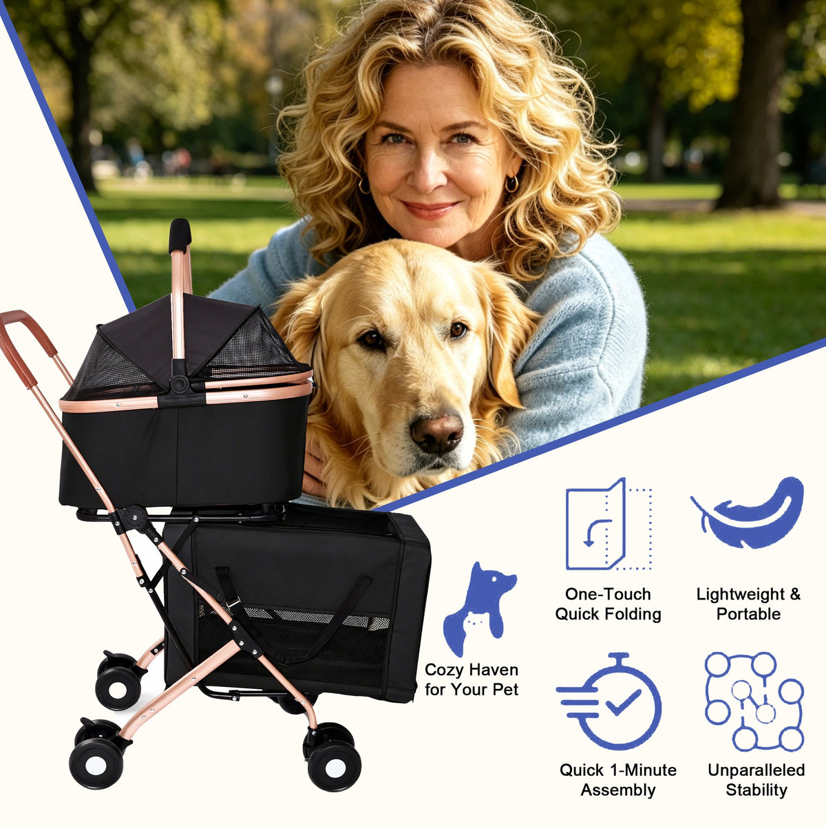 Double Pet Stroller for Small and Medium Dogs and Cats with Foldable Frame - Carbon-Steel