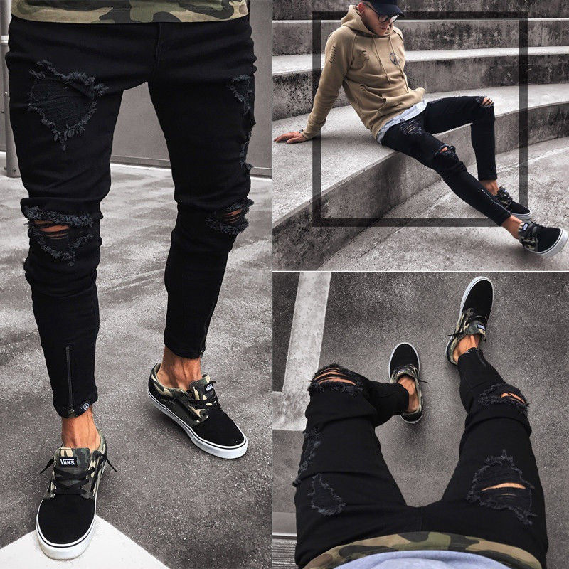 Cross-border Jeans Men's Wish New Black Ripped Stretch Zipper Men's Skinny Pants European And American Fashion