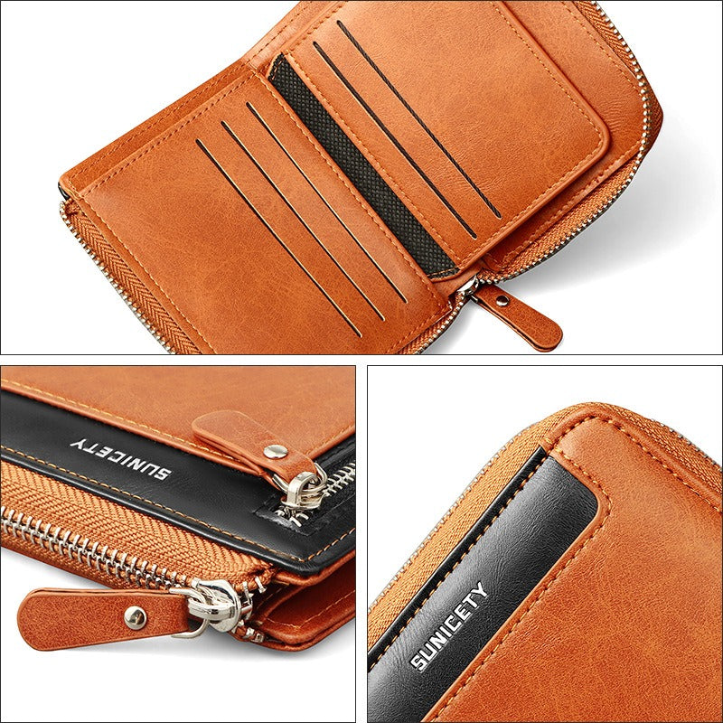 Wallet Men's Fashionable Leather Zipper Leather Bag RFID Multi Card Function ID Card Bag