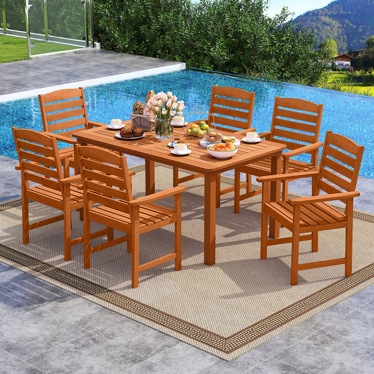 7 Pcs Outdoor Dining Set Teak Oil Finish Slatted Rectangular Dining Table and 6 Armchairs