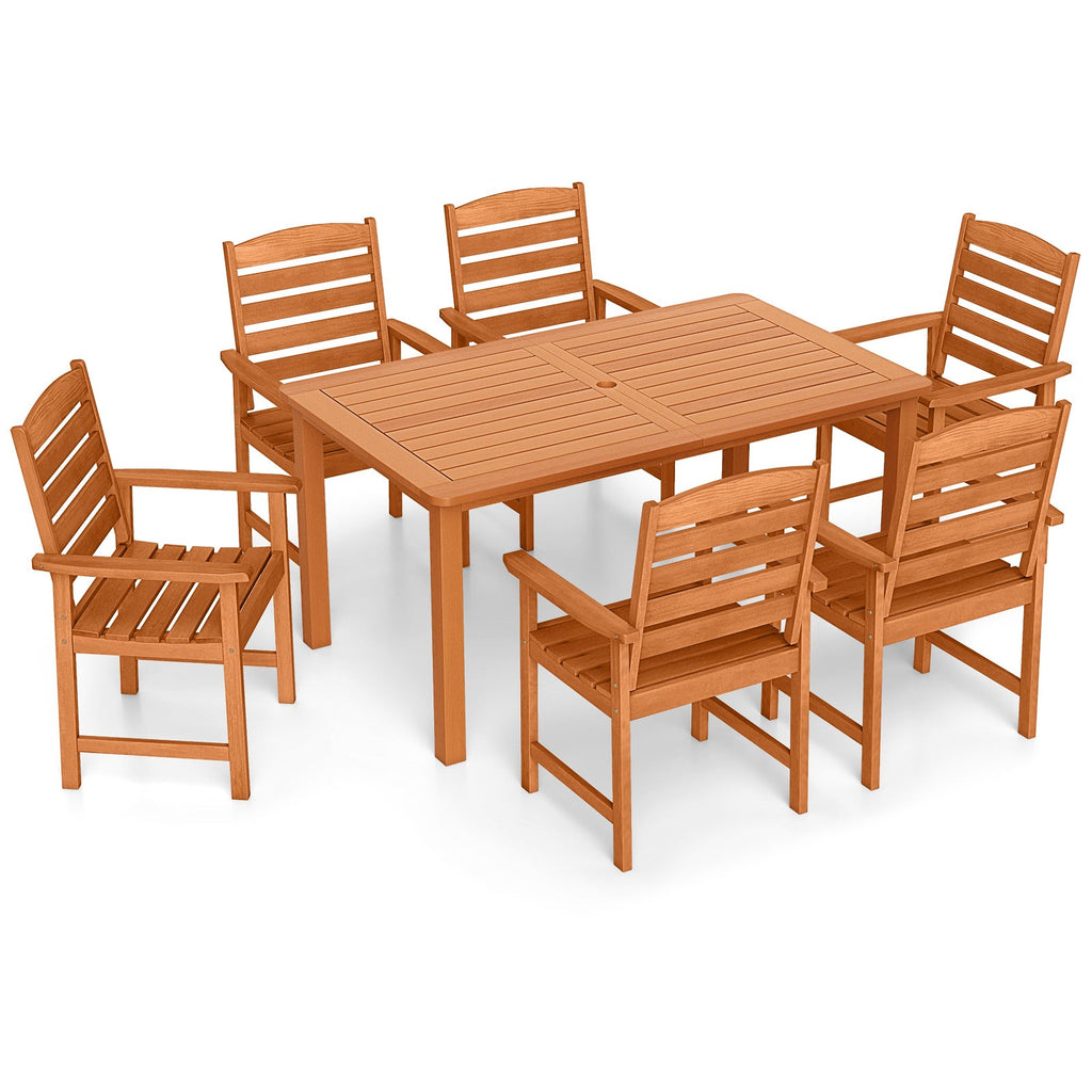 7 Pcs Outdoor Dining Set Teak Oil Finish Slatted Rectangular Dining Table and 6 Armchairs