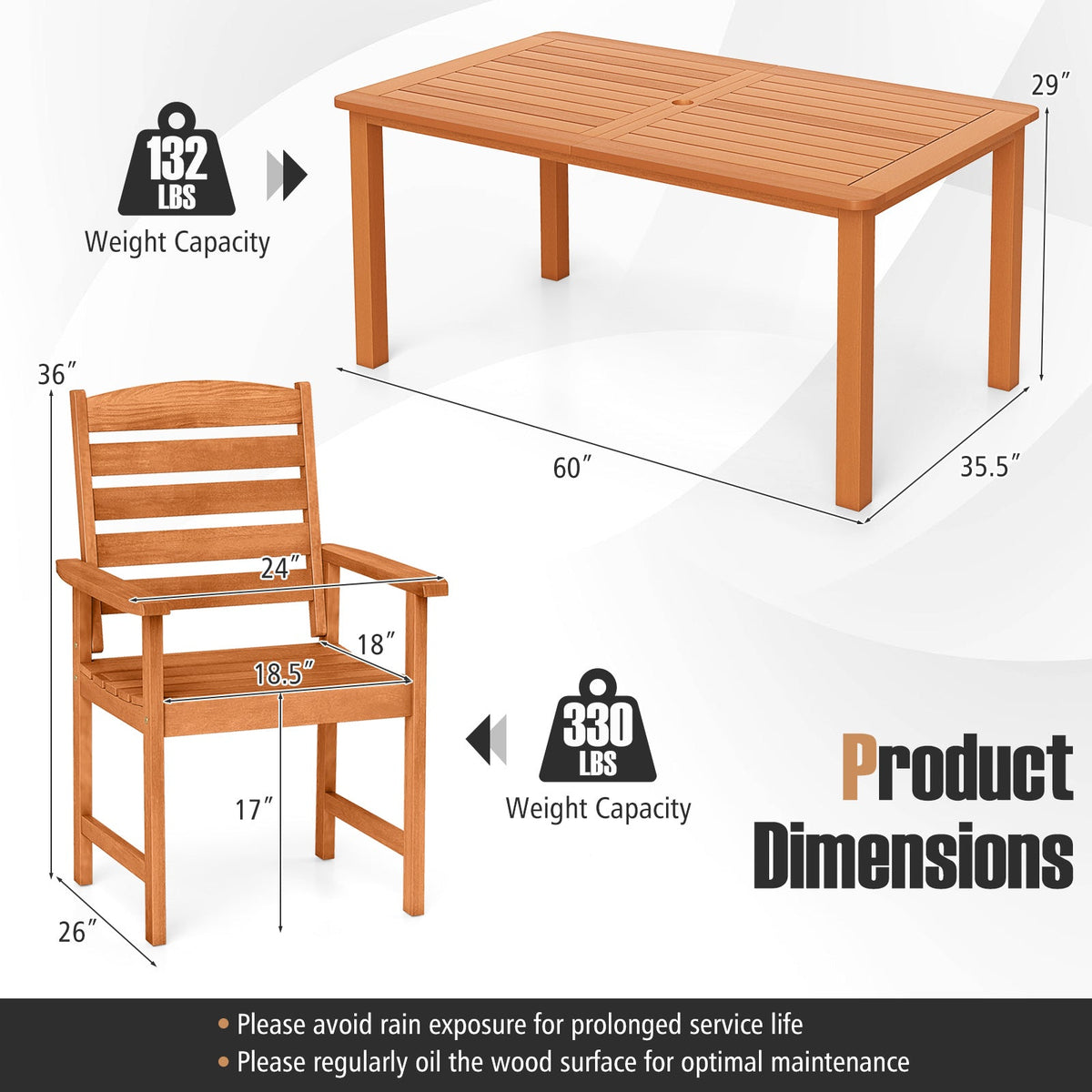 7 Pcs Outdoor Dining Set Teak Oil Finish Slatted Rectangular Dining Table and 6 Armchairs