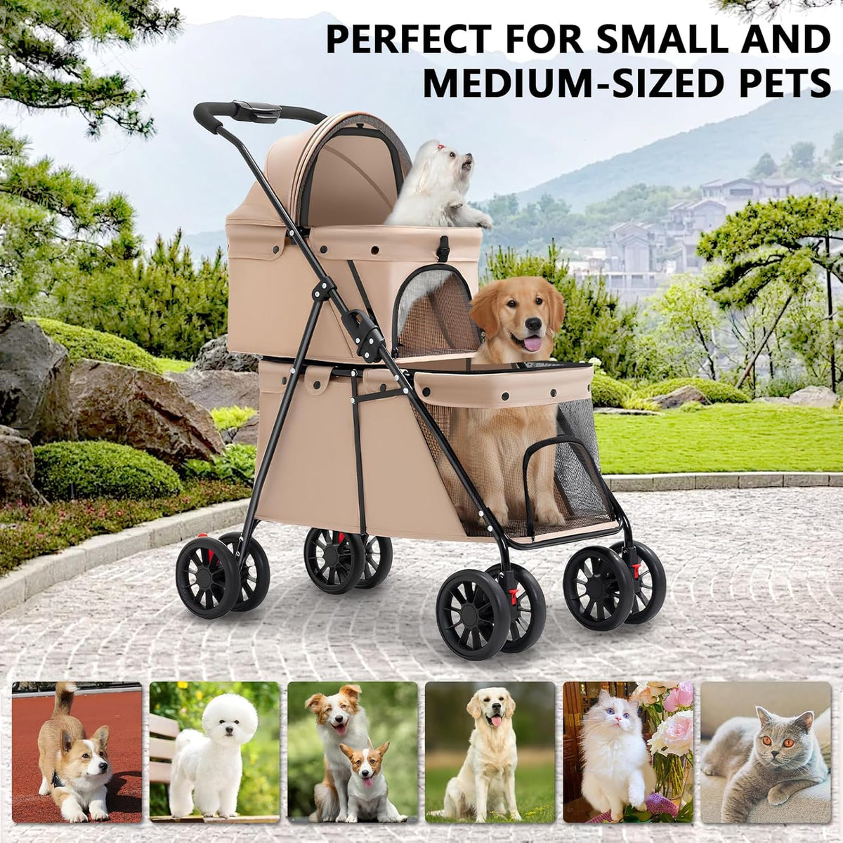 Beige Double-Compartment Pet Stroller