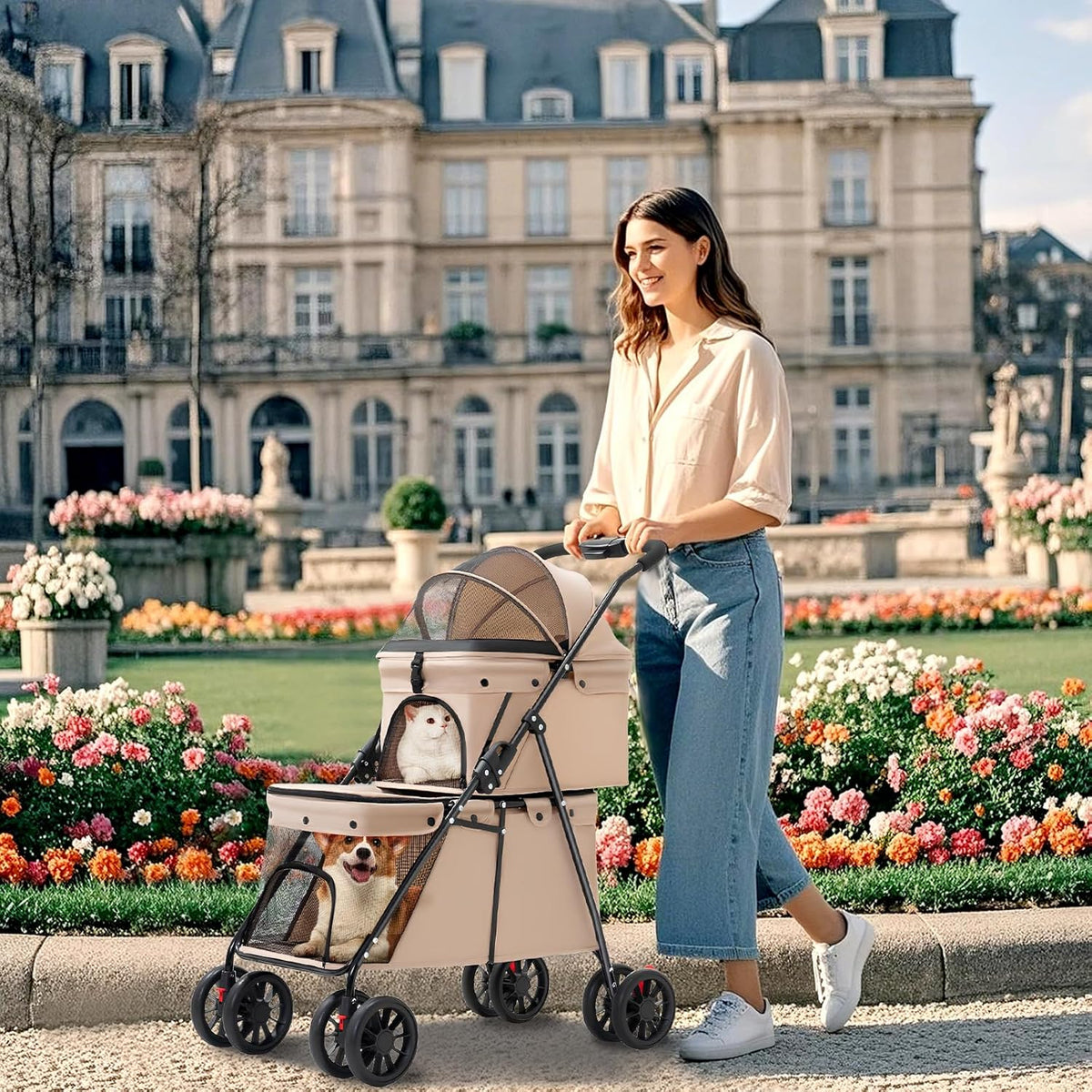 Beige Double-Compartment Pet Stroller