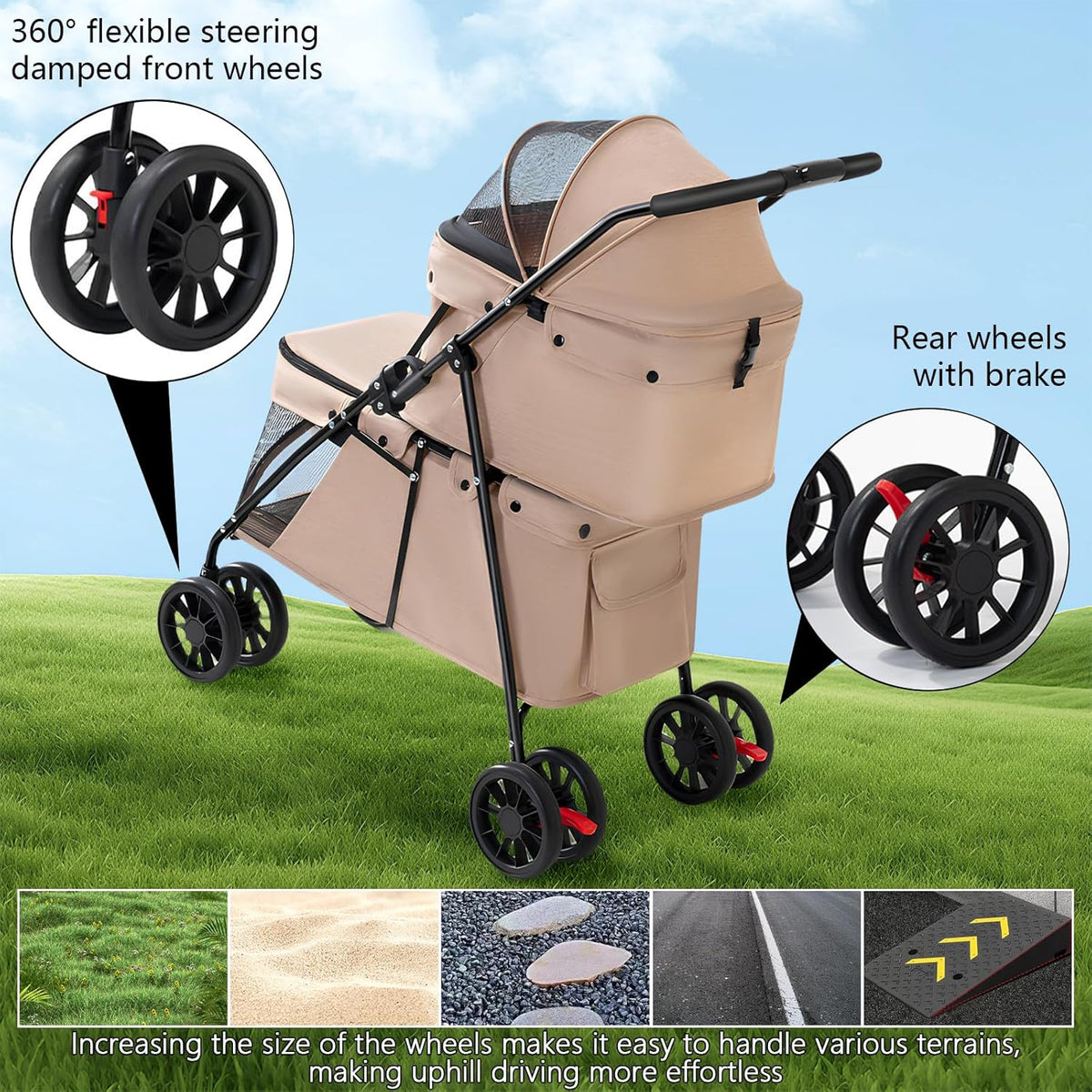 Beige Double-Compartment Pet Stroller