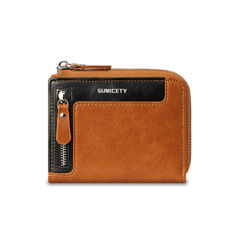 Wallet Men's Fashionable Leather Zipper Leather Bag RFID Multi Card Function ID Card Bag