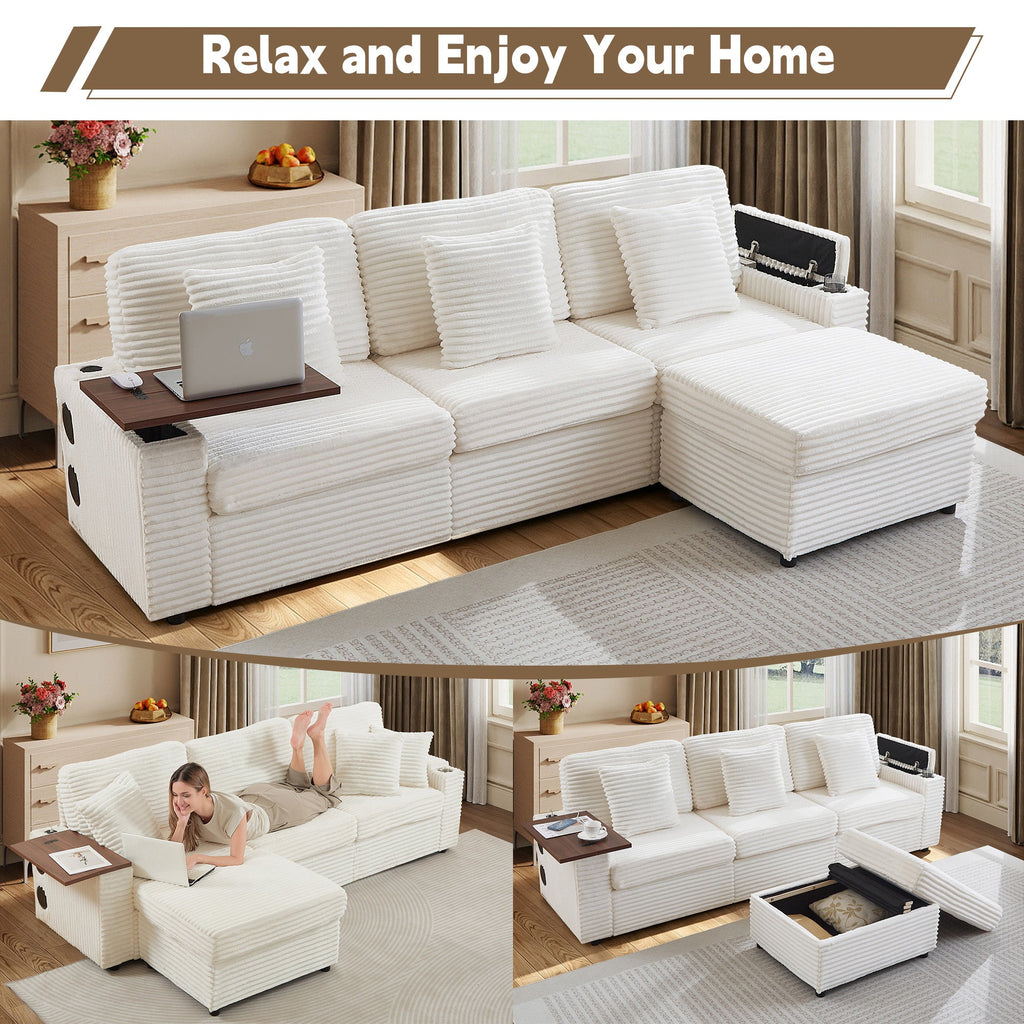 Oversized Modular Sectional Couch,Corduroy Sofa with  Cup Holders, USB Port,Storage Space and Bluetooth Speaker for Living room and Bedroom