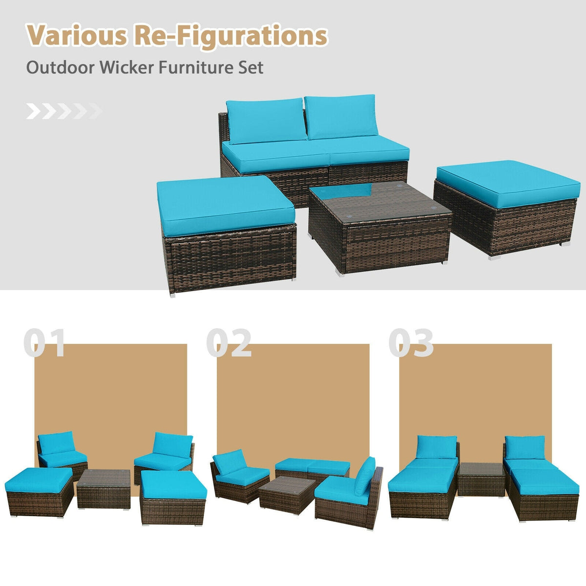 5 Pieces Patio Rattan Furniture Set with Cushioned Armless Sofa