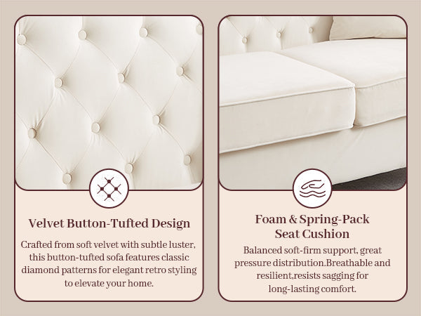 82' Velvet Chesterfield Sofa for Living Room and Apartment, Button Tufting on Backrest and Armrests, Arm Nailhead Trim,Modern Upholstered Couch with Premium Solid Wood Legs, Sofa for Bedroom
