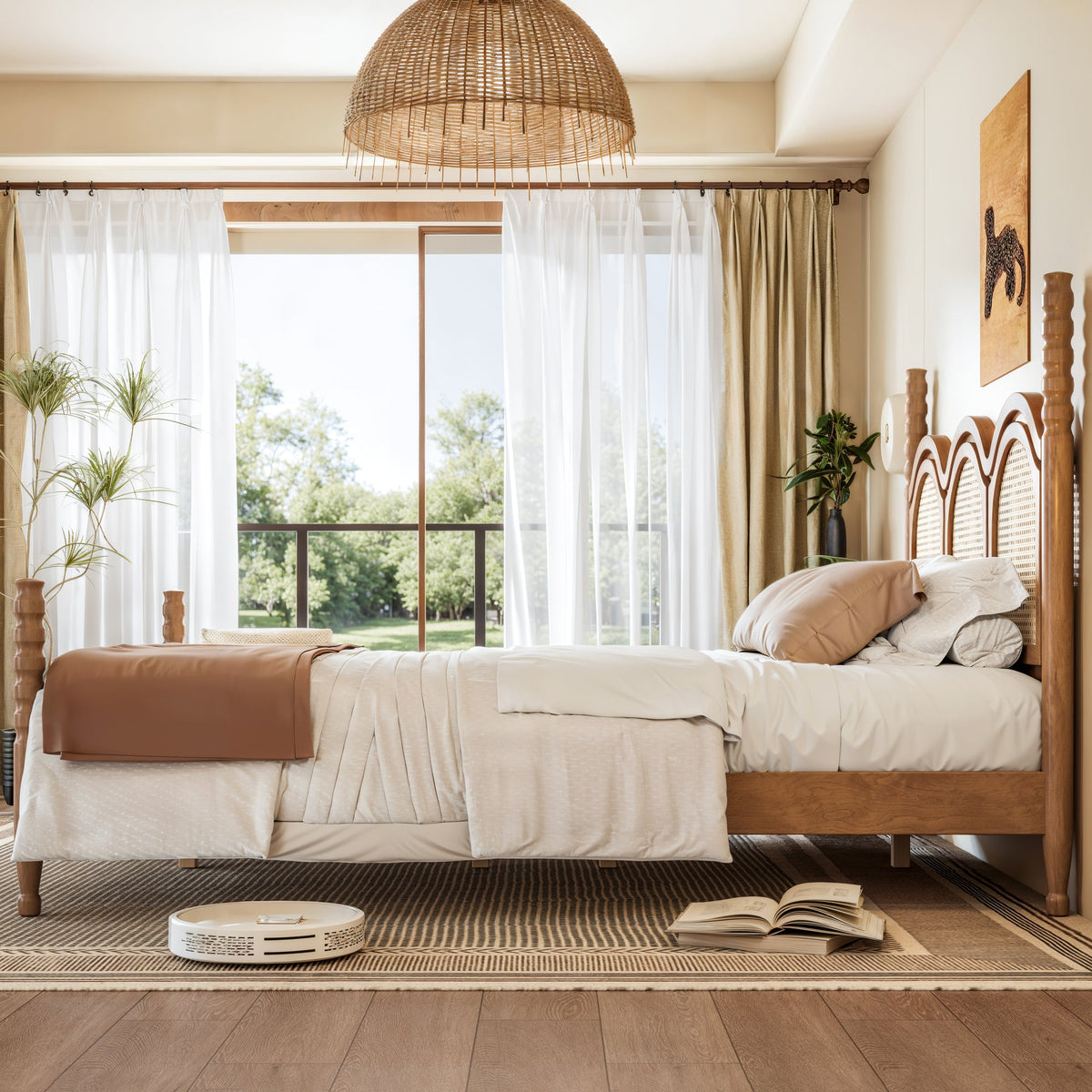 Queen Size Platform Bed with Arched Woven Headboard, Four Poster Stylish Wooden Bed Frame, Elegant Curved Headboard Bed Frame For Bedroom,Natural
