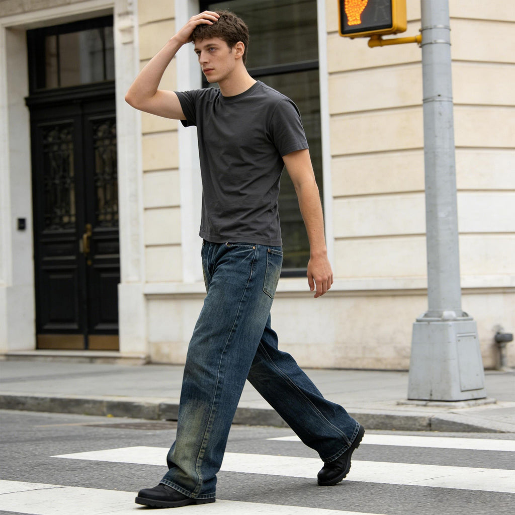 Mens Retro Washed Wide-Leg Loose-Fit Denim Jeans