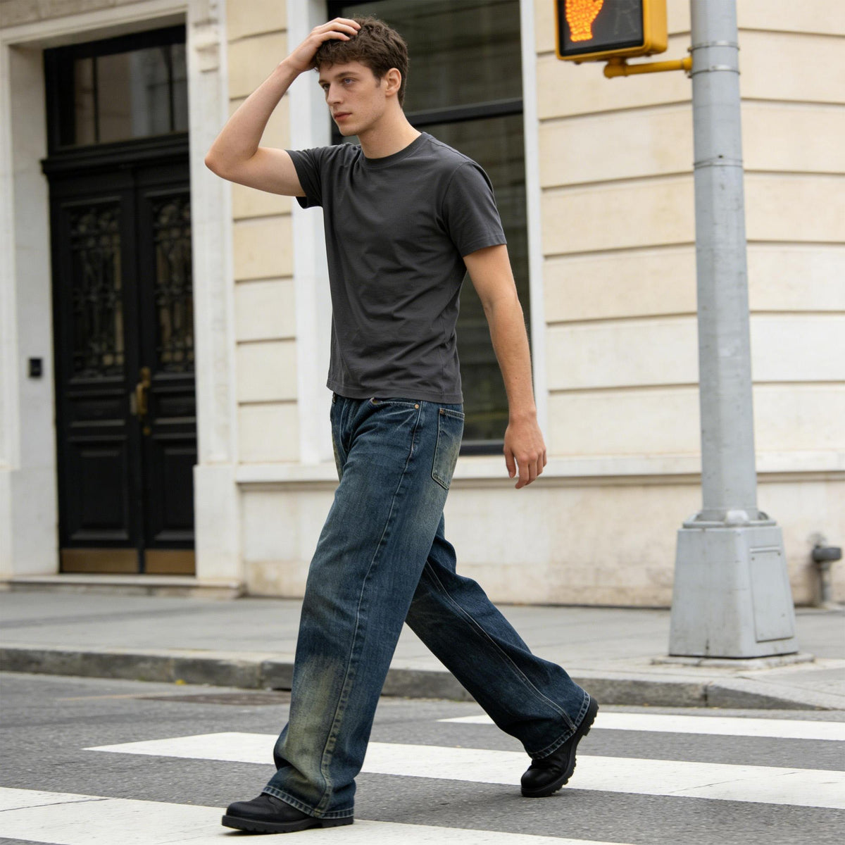 Mens Retro Washed Wide-Leg Loose-Fit Denim Jeans