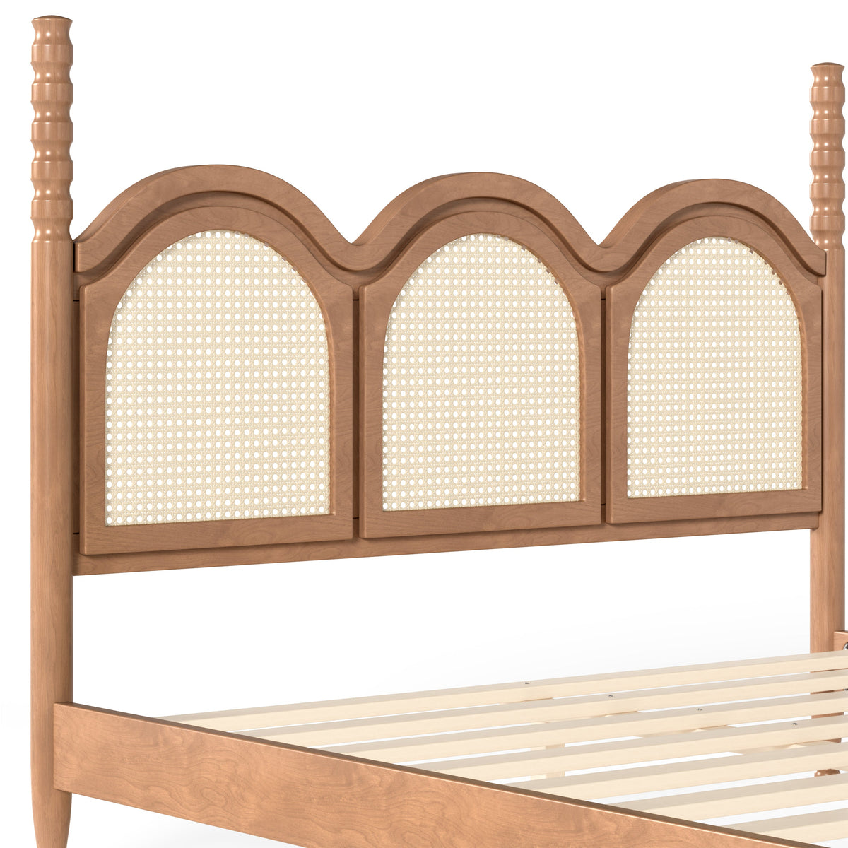 Queen Size Platform Bed with Arched Woven Headboard, Four Poster Stylish Wooden Bed Frame, Elegant Curved Headboard Bed Frame For Bedroom,Natural