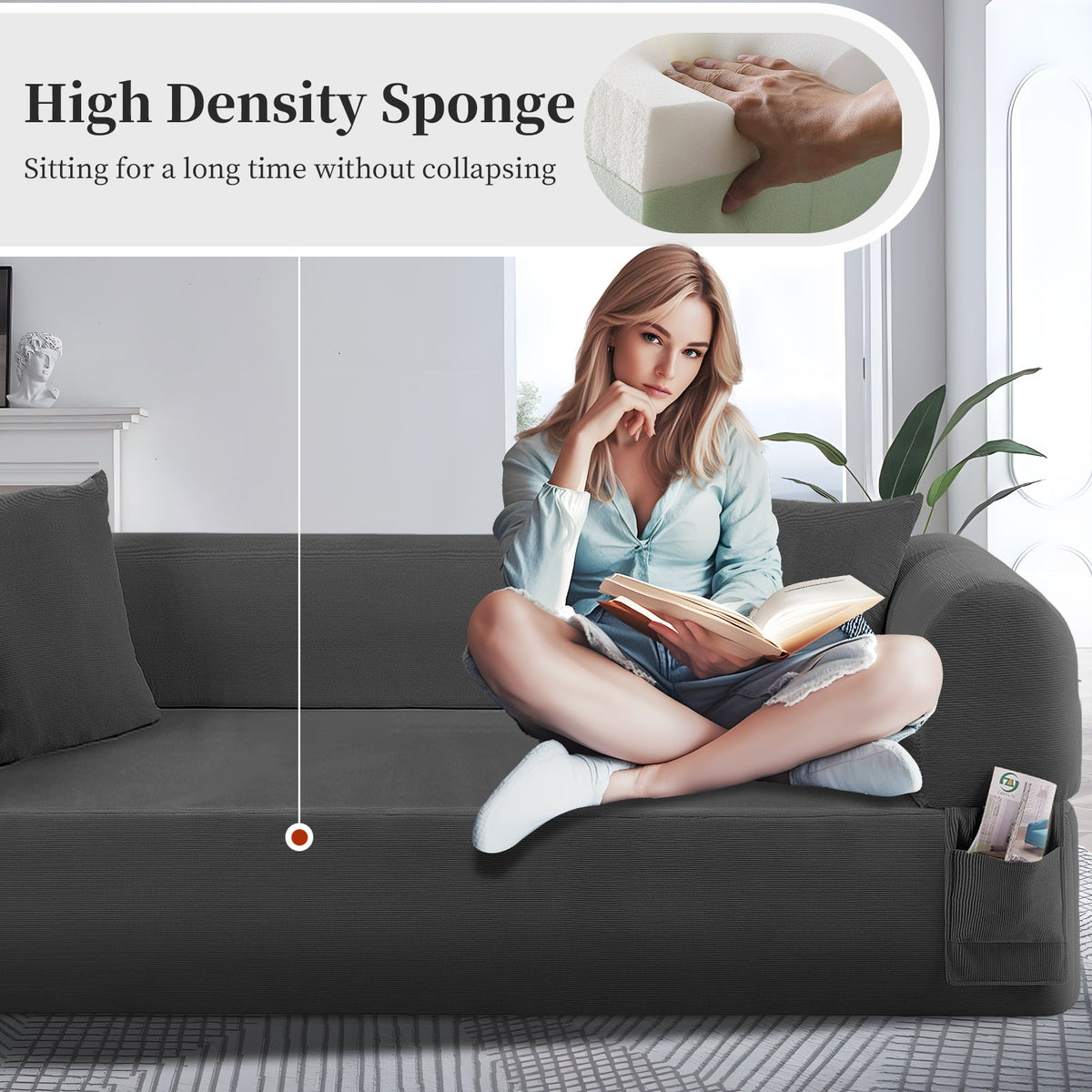 Spring Sofa with High-Quality Fabric and Storage - Gray