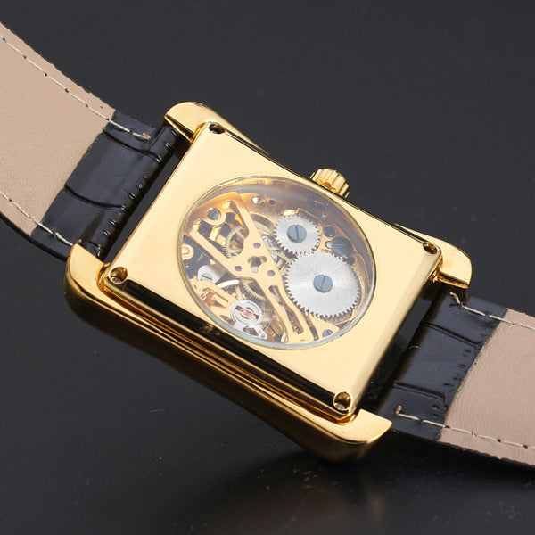 Hollowed-out Gear Square-dial Gold Mechanical Leather-strap Watch