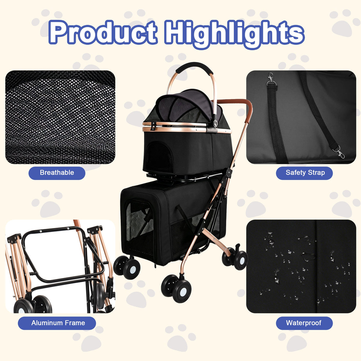 Double Pet Stroller for Small and Medium Dogs and Cats with Foldable Frame - Carbon-Steel