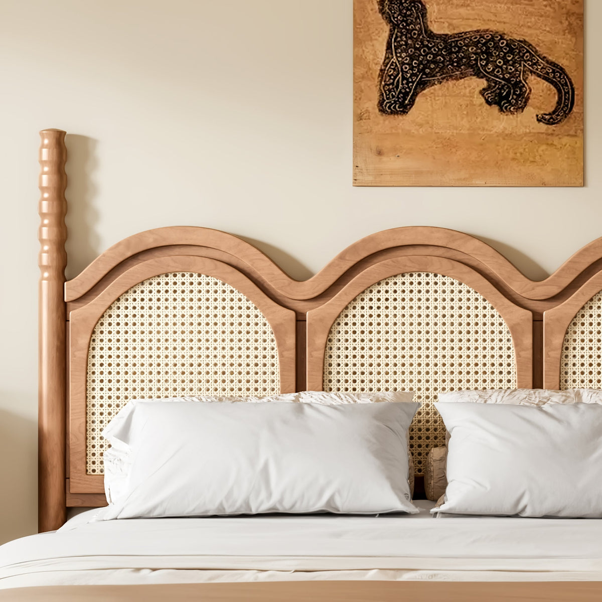 Queen Size Platform Bed with Arched Woven Headboard, Four Poster Stylish Wooden Bed Frame, Elegant Curved Headboard Bed Frame For Bedroom,Natural