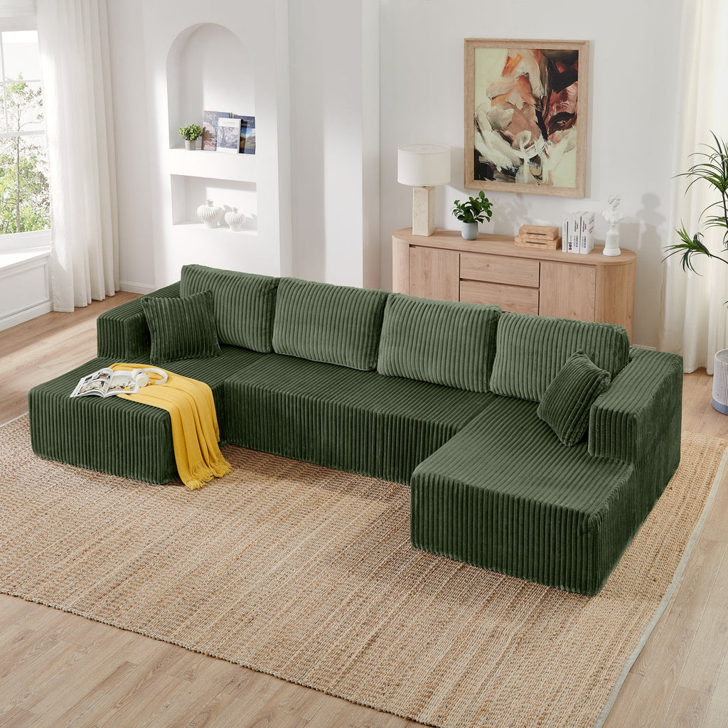 U shape Modular Sectional Sofa, Compressed Sectional Sofa Modern Minimalist Style Corduroy Couch, Sleeper Sofa – Green