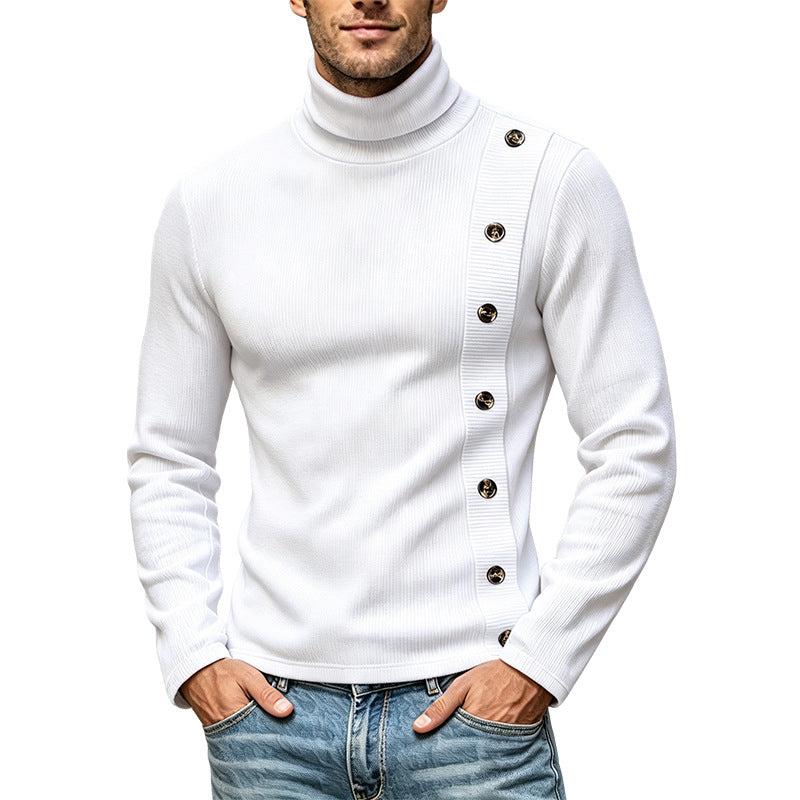 Cross-border European Size Men's High-neck Ribbed Texture T-shirt With Diagonal Buttons, Slim-fit Solid Color Long-sleeve Knitted Base Shirt Wholesale