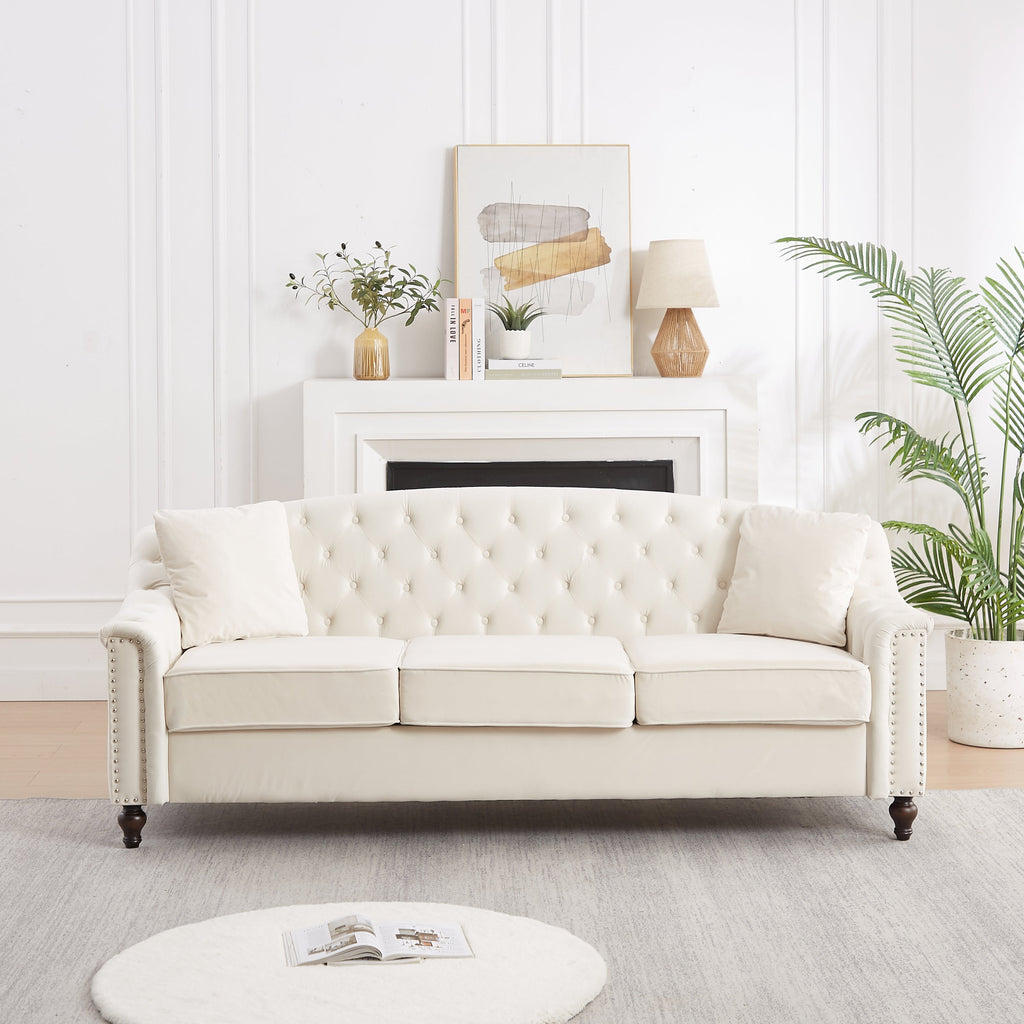 82' Velvet Chesterfield Sofa for Living Room and Apartment, Button Tufting on Backrest and Armrests, Arm Nailhead Trim,Modern Upholstered Couch with Premium Solid Wood Legs, Sofa for Bedroom