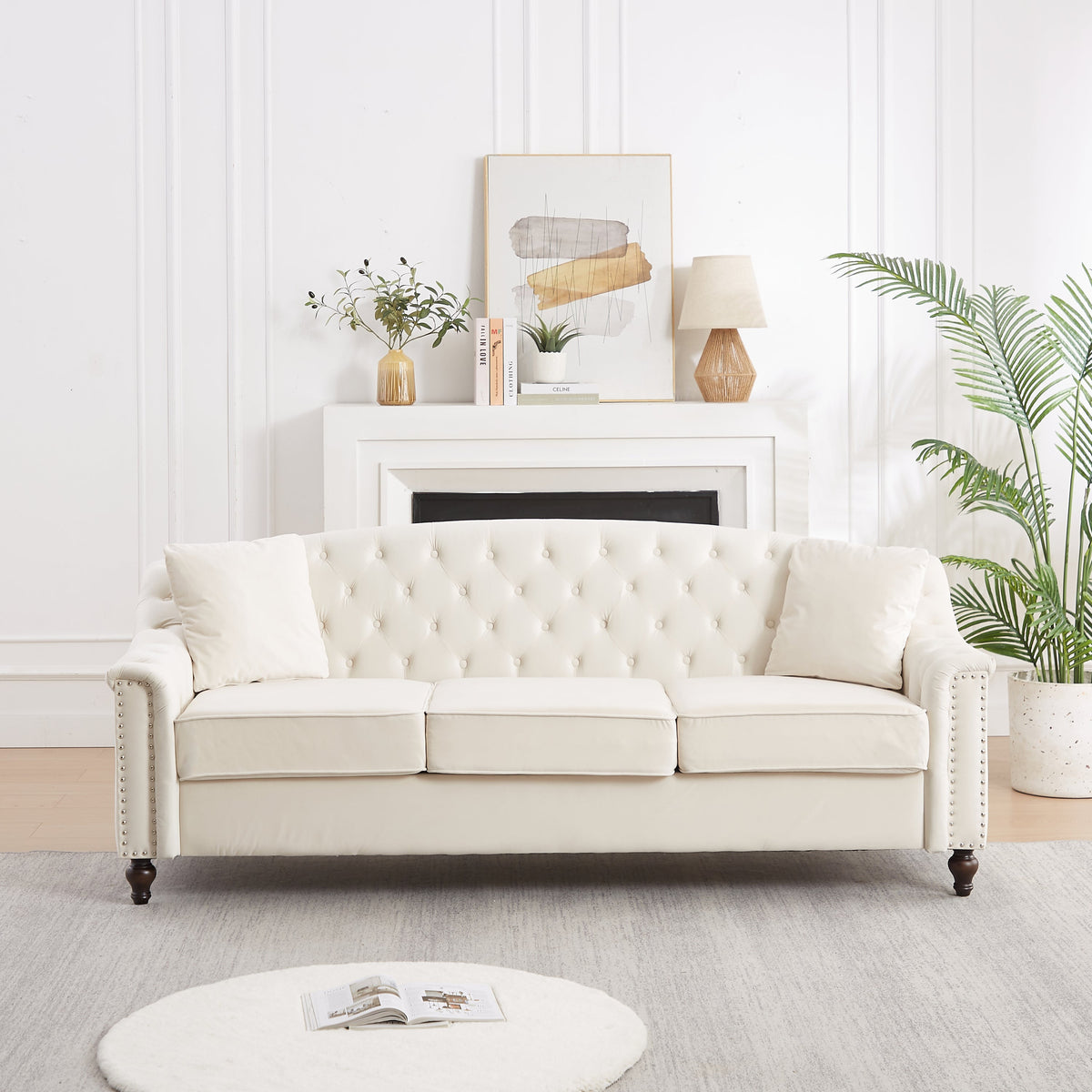 82' Velvet Chesterfield Sofa for Living Room and Apartment, Button Tufting on Backrest and Armrests, Arm Nailhead Trim,Modern Upholstered Couch with Premium Solid Wood Legs, Sofa for Bedroom