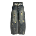 Punk Retro Washed Distressed Denim Wide-Leg Pants Men's Trendy Unique Design Loose Fit Flared Trousers