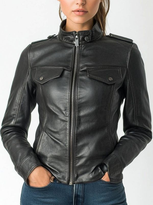Daisy Women's Black Leather Cafe Racer Jacket