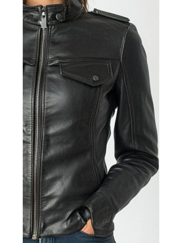 Daisy Women's Black Leather Cafe Racer Jacket
