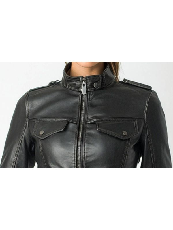 Daisy Women's Black Leather Cafe Racer Jacket