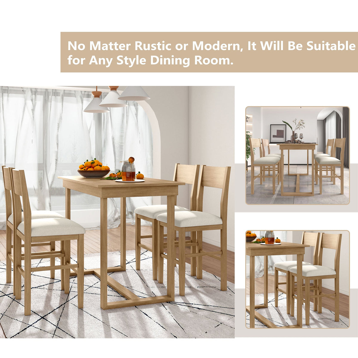 TOPMAX farmhouse countertop height 5-piece dining table set with 1 rectangular dining table and 4 brown dining chairs